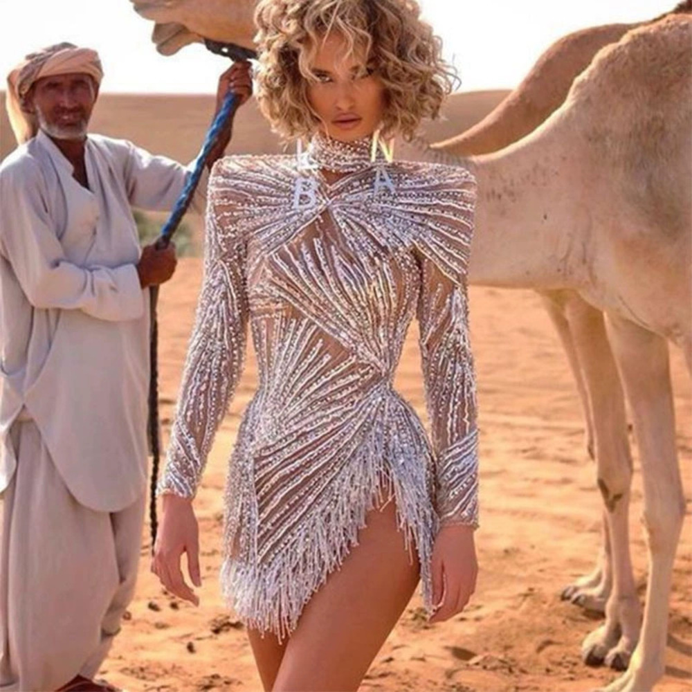 ZARA Spring Summer Sexy Long Sleeve Gold Silver Fringe Slit Evening Dress